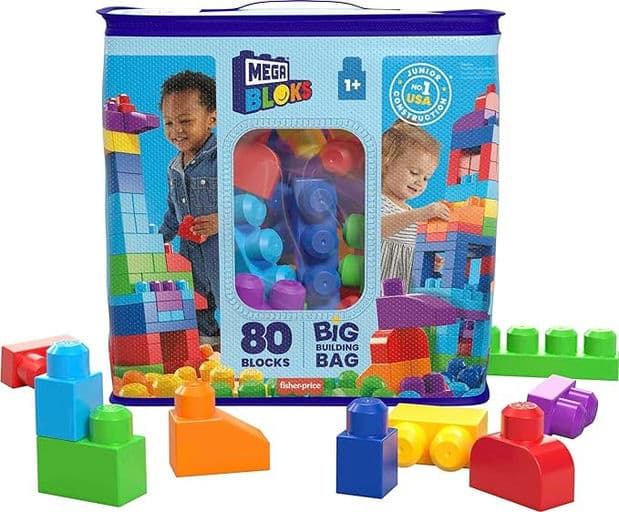 MEGA BLOKS Fisher Price Toddler Block Toys, Big Building Bag with 80 Pieces and Storage Bag, Blue