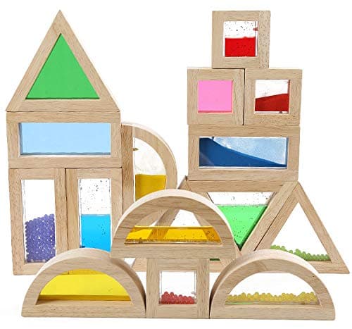 Large Wooden Building Blocks for Toddlers Baby Kids 16 Pcs Rainbow Blocks Geometry Sensory Stacking Construction Toys Set Colorful Preschool Learning Educational Toys for Boys & Girls