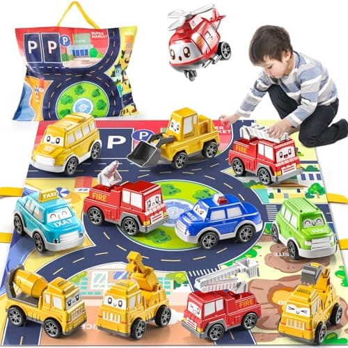 TEMI Toddler Pull Back Car Toys for 1 2 3 Year Old Boy Girl, 12 Pieces Baby Toy Cars with Play Mat/Storage Bag