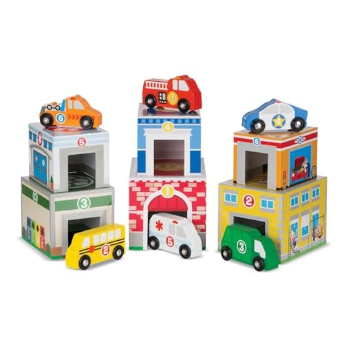 Melissa & Doug Nesting and Sorting Blocks - 6 Buildings, 6 Wooden Vehicles