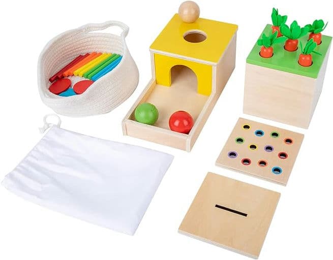 Box Toys Toddler Play Kit Coin Box, Carrot Harvest Game and Matchstick Color Drop Game (4-for-1)