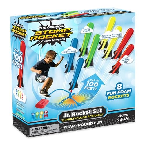 Stomp Rocket Jr Multi Color Kids Rocket Launcher, 8 Glow Rockets - Outdoor Foam Blaster Toy Set