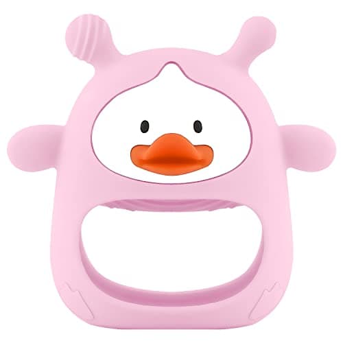 Baby Teething Toys, Duck Baby Teether Toy for Babies 3+ Months, Baby Chew Toys for Sucking Needs, Never Drop Silicone Baby Mitten Teether for Soothing Teething Pain Relief