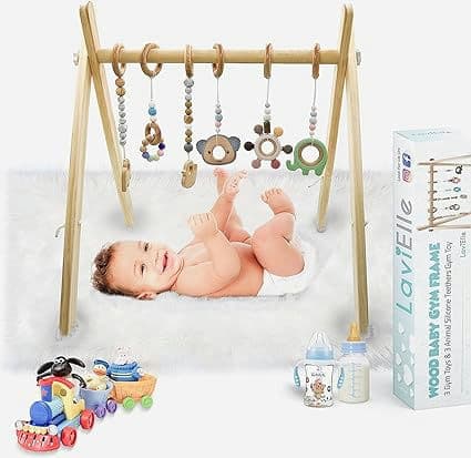 LAVIELLE Wooden Baby Gym Set with 6 Detachable Teethers