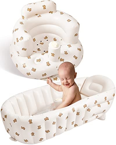 2 Pack Baby Inflatable Seat and Inflatable Baby Bathtub for Babies 3-36 Months with Built in Air Pump Infant Back Support Sofa Newborn to Toddler Bath Tub Portable Travel Shower Basin