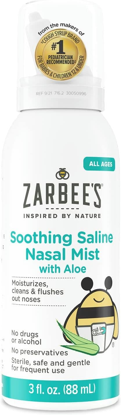 Zarbee's Baby Nasal Saline Spray, Soothing Sterile Mist with Aloe, Newborns & Up, Cleansing Nose Relief, 3Fl Oz
