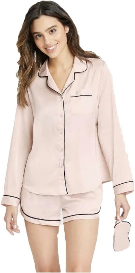 Stars Above Women's 3pc Satin Long Sleeve Notch Collar Top and Shorts Pajama Set with Eye Mask