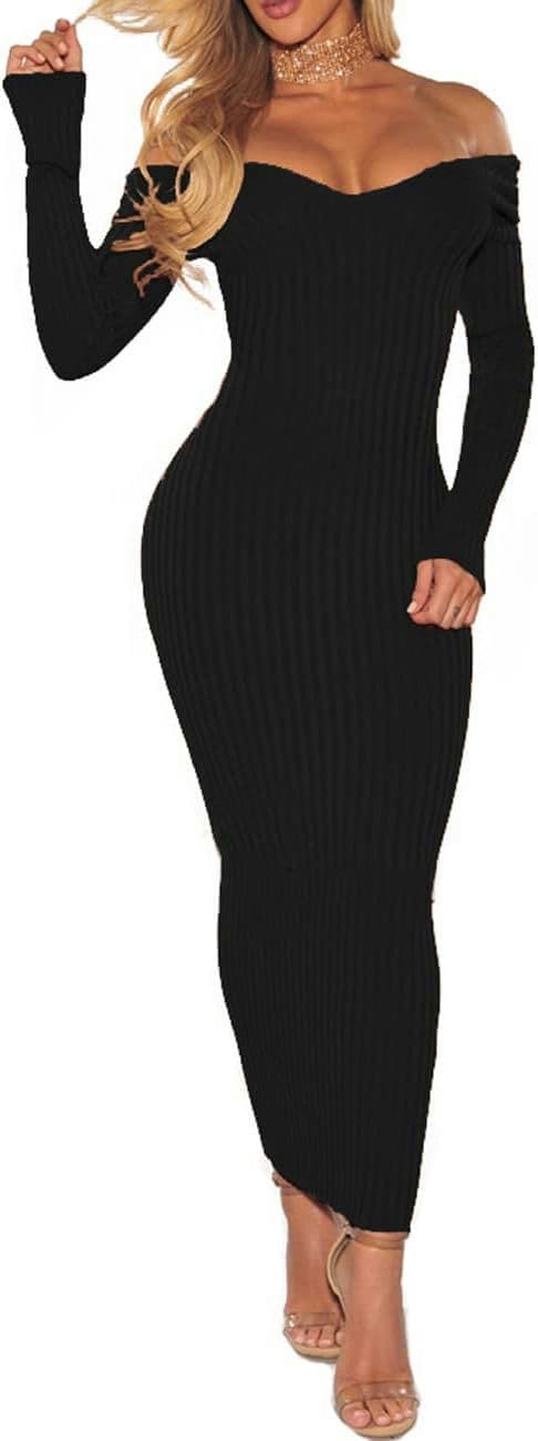 PerZeal Women's Sexy Off Shoulder Long Sleeve Slim Knit Bodycon Ribbed Sweater Dresses Pencil Long Dress