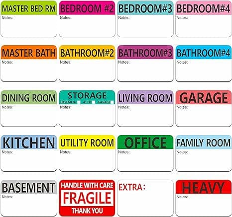 Hebayy 500 pcs 20 Designs Pre-Printed Color-Coded Home Moving Packing Box Labels with Writable Notes Areas