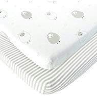 Cuddly Cubs Bassinet Sheets Set 2 Pack for Boys & Girls by Soft & Breathable 100% Jersey Cotton | Adorable Unisex Patterns & Fitted Elastic Design | Grey Sheep & Stripes | Fits Oval Halo Chicco