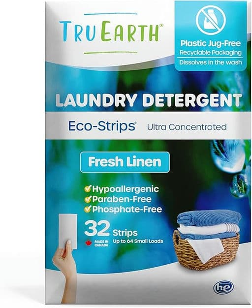 Tru Earth Compact Dry Laundry Detergent Sheets - Up to 64 Loads (32 Sheets) - Paraben-Free - Original Eco-Strip Liquidless Laundry Detergent, Travel Laundry Sheets - Fresh Linen