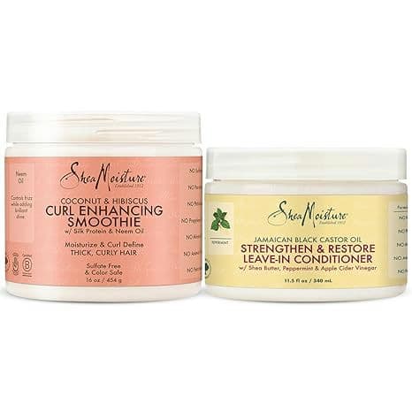 SheaMoisture Curly Hair Care Bundle – Coconut & Hibiscus Curl Enhancing Smoothie & Jamaican Black Castor Oil Strengthen & Restore Leave-In Conditioner, Curl Cream, Frizz Control (2 Piece Set)
