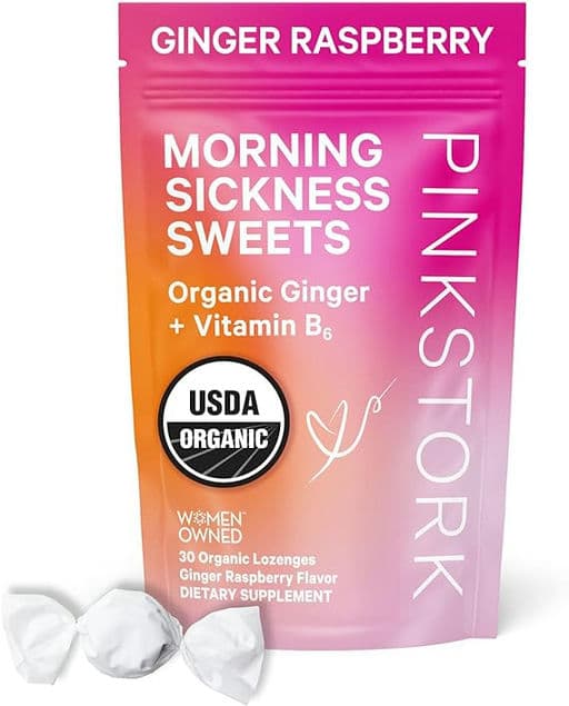 Pink Stork Morning Sickness Sweets, Organic Raspberry Ginger Candy with Vitamin B6 for Support and Occasional Motion Sickness, Pregnancy Must Haves - 30 Wrapped Drops