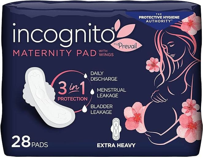 Incognito by Prevail | Absorbent 3-in-1 Protective Maternity & Postpartum Pad with Wings for Menstrual & Bladder Leaks | 28 Count