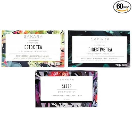 Sakara Tea Variety Pack - Sleep Tea, Detox Tea, & Digestive Tea, Caffeine Free Individually Wrapped Tea Bags, 60 Bags