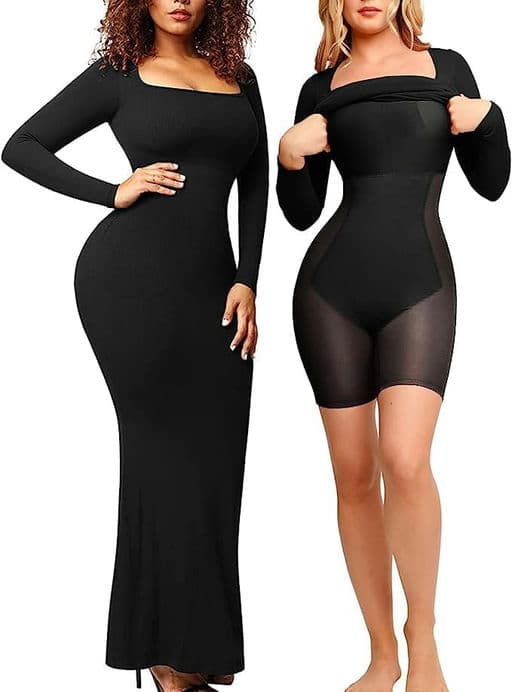 Popilush Shaper Dress Bodycon Maxi/Mini Built in Shapewear Bra 8 in 1 Women Lounge Long Sleeve Dresses