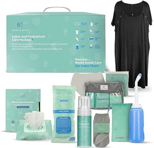 Postpartum Care Kit for Mom (14-Piece) - Includes Labor and Delivery Gown, Peri Bottle, Witch Hazel Foam, Pad Liners & More