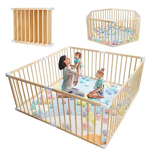Foldable Baby Playpen for Toddlers, Expandable Wooden Play Fence, Large Wood Playpen Safety Playard