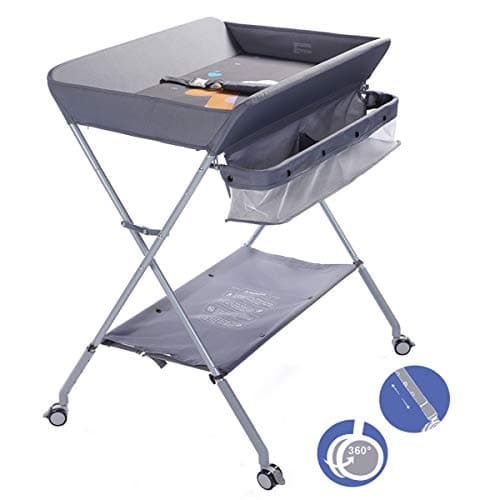 Baby Portable Folding Diaper Changing Station with Wheels, Adjustable Height Mobile Nursery Organizer with Safety Belt & Large Storage Racks, Newborns & Infant