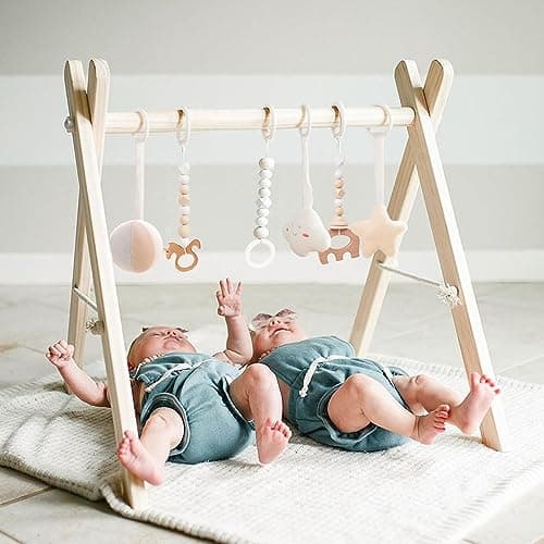Wooden Baby Gym with 6 Gym Toys, Foldable Baby Play Gym, Natural Pine Wood Play Gym, Frame Activity Center Hanging Bar