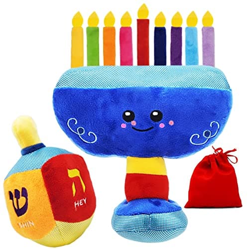 Hanukkah Plush Menorah and Dreidel - Musical Menorah Plays 2 Classic Hanukkah Melodies and Plush Children's Multicolor Dreidel (Plush Dreidel & Menorah Set)