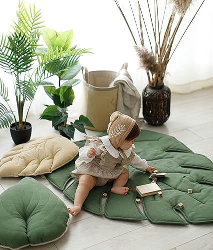 100% Linen Organic Play Mat Leaf Baby Padded Rug