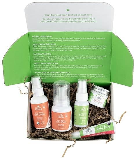 Earth Mama A Little Something for Baby Gift Box |Safe Skin Care Set Newborn Essentials for Baby Shower- Diaper Balm, Face Balm, Calendula Baby Oil, Baby Wash, Baby Lotion, 5 Pieces