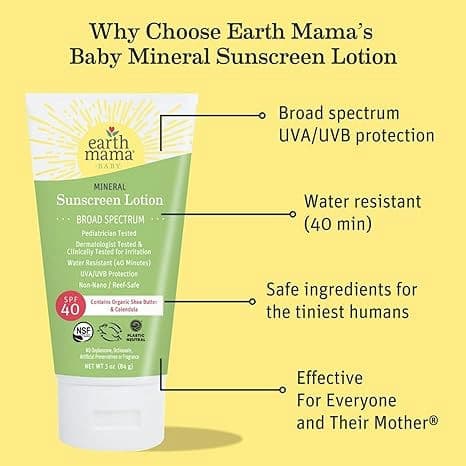 Earth Mama Baby Mineral Sunscreen Lotion SPF 40 | Reef Safe, Non-Nano Zinc, Natural Water Resistant Sun Cream for Babies, Kids & Adults, 3-Ounce