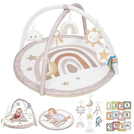 Baby Play Gym Mat, Tummy Time Activity Mat with 7 Detachable Toys and 12 Milestone Cards for Stage-Based Sensory and Motor Skill Development