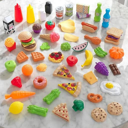 KidKraft 65-Piece Plastic Play Food Set for Play Kitchens, Fruits, Veggies, Sweets, Drinks and More