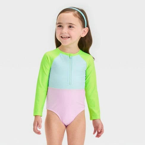 Toddler Girls' Long Sleeve Colorblock Rashguard One Piece Swimsuit