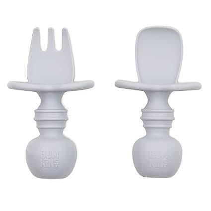 Bumkins Baby Utensils Set, Chewtensils Silicone Spoons for Dipping, Self-Feeding, Baby Led Weaning, Trainer Learning, First Stage Eating, Soft Practice Fork and Spoon, Babies 6 Months, Gray