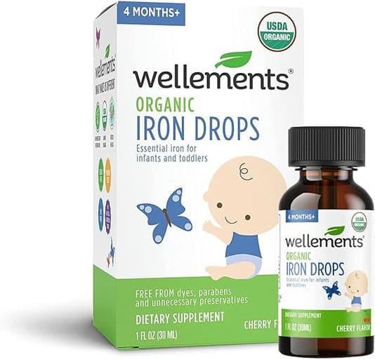 Wellements Organic Iron Drops for Babies | Essential Liquid Iron Supplement for Infants & Toddlers, USDA Certified Organic, No Preservatives or Artificial Flavors, Cherry Flavor | 4 Months+, 1 Fl Oz