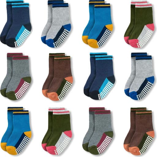 JAKIDAR 12 Pack Baby Socks Cotton Crew Toddler Socks Grips Non Slip Bottom Kids Socks