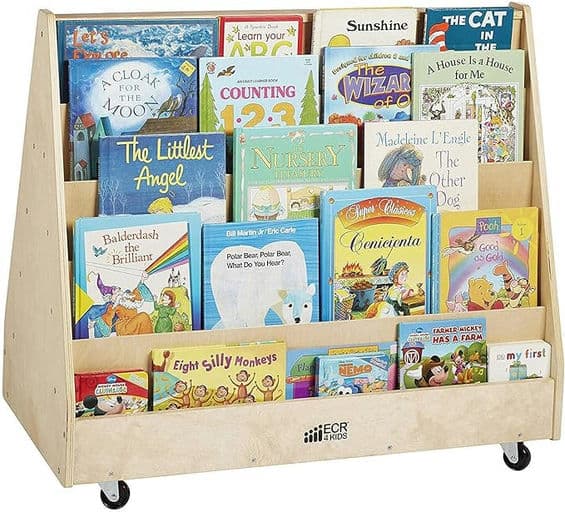 ECR4Kids Double-Sided Mobile Book Display, Classroom Bookshelf, Natural