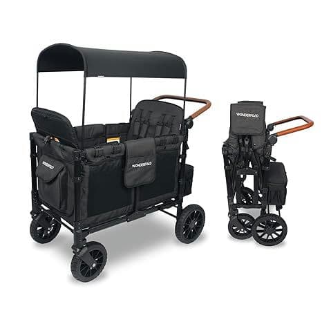WONDERFOLD W4 Luxe Quad Stroller Wagon Featuring 4 High Face-to-Face Seats with Magnetic Buckle 5-Point Harnesses and Adjustable/Removable UV-Protection Canopy, Black