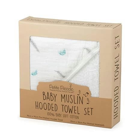Petite Piccolo Baby Muslin Hooded Towel Set, White Feathers