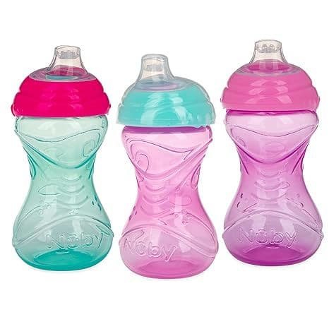 Nuby Clik-It Soft Spout No-Spill Easy Grip Sippy Cup for Girls - (3-Pack) 10 Oz - 6+ Months
