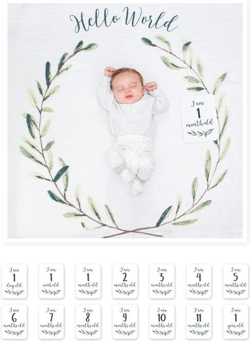 lulujo Baby’s First Year Milestone Blanket and Card Set | 40in x 40in (Hello World)