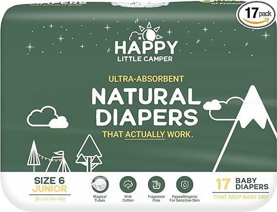 Happy Little Camper Natural Disposable Baby Diapers, Gentle on Skin, Ultra-Absorbent, Hypoallergenic, Chlorine Free, Fragrance Free, Safe for Sensitive Skin, Junior, Diapers Size 6, 17 Count