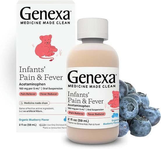 Genexa Infants’ Pain and Fever Reducer | Baby Acetaminophen, Dye Free, Liquid Oral Suspension Medicine for Infant | Delicious Organic Blueberry Flavor | 160 mg per 5mL | 2 Fluid Ounces
