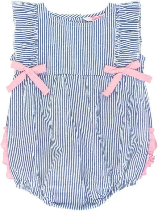 RuffleButts® Baby/Toddler Girls Blue Seersucker Ruffle Romper
