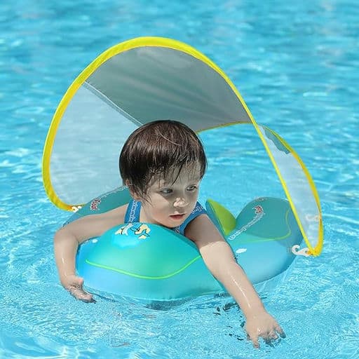 Free Swimming Baby Infant Pool Float with Sun Canopy Inflatable Baby Swimming Floatie with Sponge Safety Bottom Support