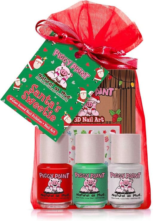 Piggy Paint | 100% Non-Toxic Girls Nail Polish | Santa's Sweetie (Christmas Holiday 3 Polish + Nail Art Gift Set)