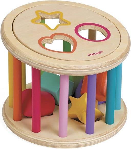 Janod I Wood – Shape Sorter Drum – Classic Colorful 6 Piece Shape Sorter with Magnetic Lid – Ages 18 Months+ Mixed J05336