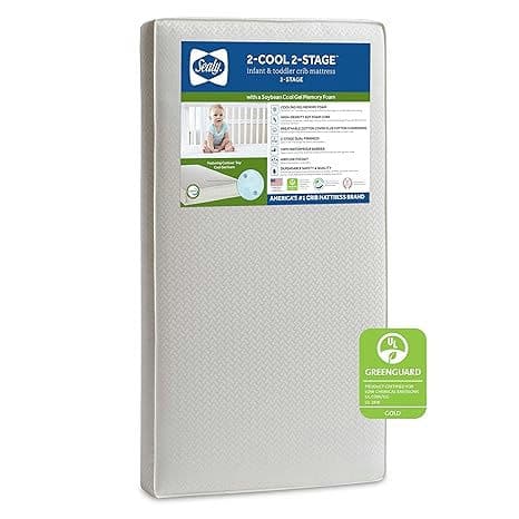 Sealy 2-Cool 2-Stage Dual Firmness Memory Foam Baby Crib Mattress & Toddler Bed Mattress, Extra Firm Plus Cool Gel Foam Waterproof Mattress for Baby, Certified for Safety, Made in USA, 52"x28