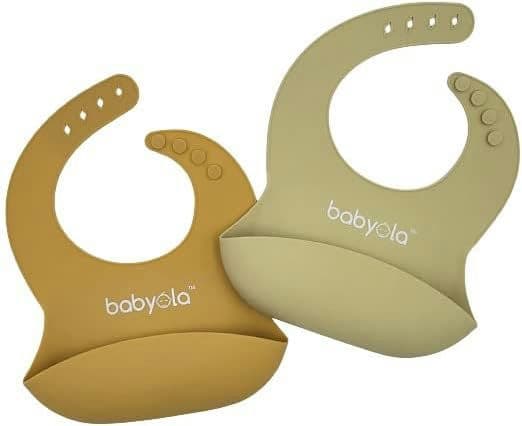 Silicone Baby Bibs with Spill Catcher, Set of 2, Adjustable Waterproof & BPA Free, For Boys And Girls, Babies & Toddlers, Pastel Orange & Yellow