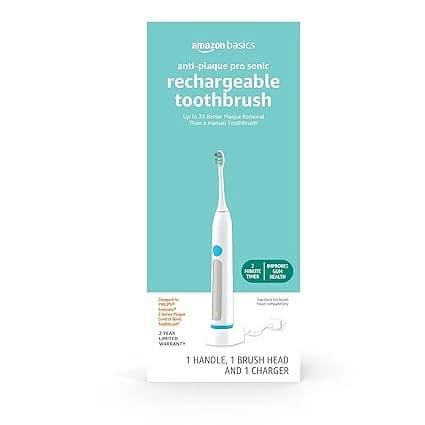 Amazon Basics Anti-Plaque Pro Sonic Rechargeable Toothbrush with Charger, White