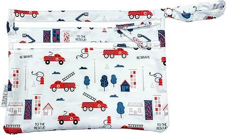 BapronBaby Be Brave Firefighter Wet Dry Bag - Waterproof Two Zipper Pockets - Reusable for Mealtime, Diapers, Stroller, Snacks, Swimsuits - Machine Washable - 11" x 9"