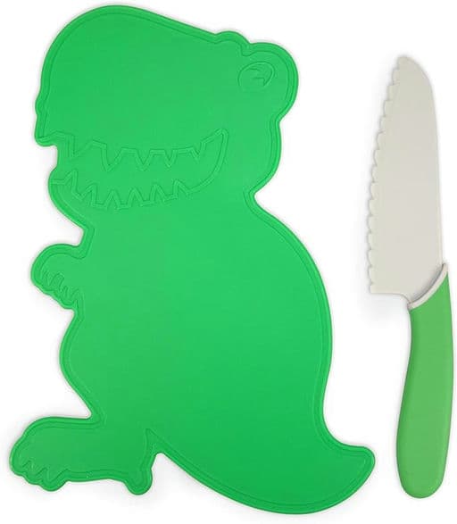 Handstand Kitchen Dinosaur Shaped Cutting Board with 6" Serrated Knife for Kid Safe Cooking